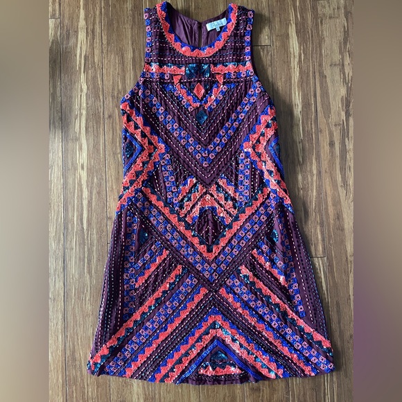 Parker Allegra Sequin Beaded Multicolor Cocktail Dress in Claret  XS - Picture 2 of 9